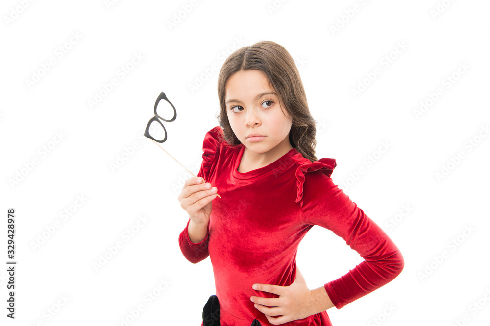 Ready for party. Little child hold glasses props isolated on white. Small girl with photobooth props on stick. Fashion party props and accessories. Perfect props for celebrating. Holiday celebration Ready for party. Little child hold glasses props isolated on white. Small girl with photobooth props on stick. Fashion party props and accessories. Perfect props for celebrating. Holiday celebration