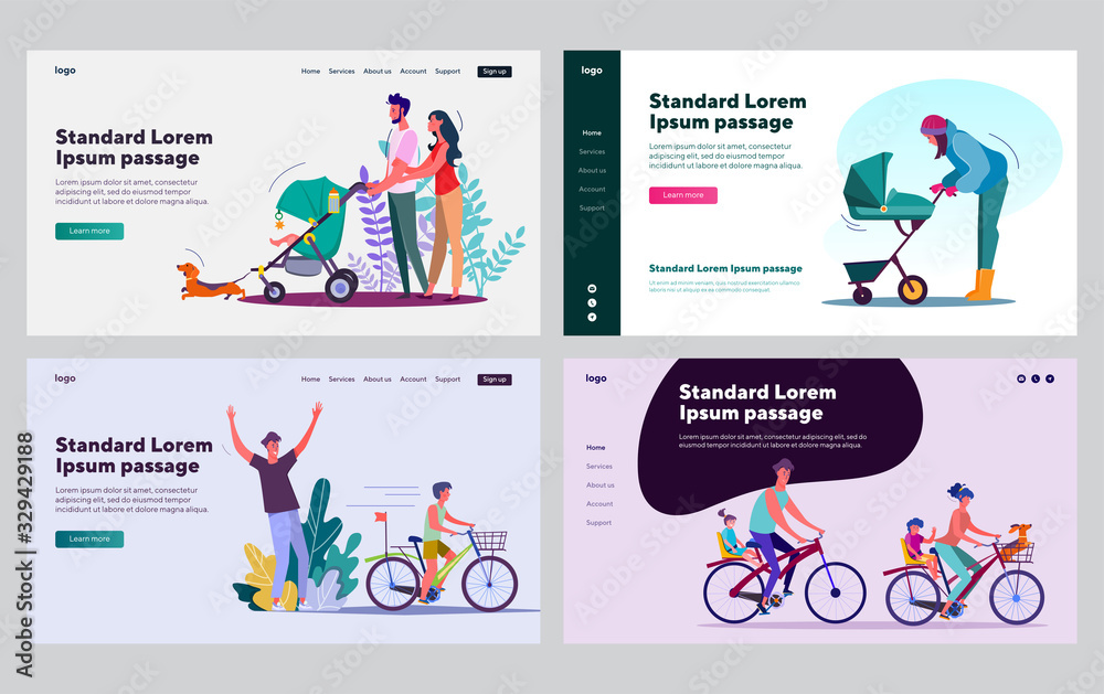 Happy parents leisure time set. Parents and kids riding bikes, wheeling strollers. Flat vector illustrations. Outdoor activity, child care concept for banner, website design or landing web page
