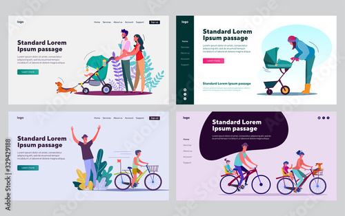 Happy parents leisure time set. Parents and kids riding bikes, wheeling strollers. Flat vector illustrations. Outdoor activity, child care concept for banner, website design or landing web page