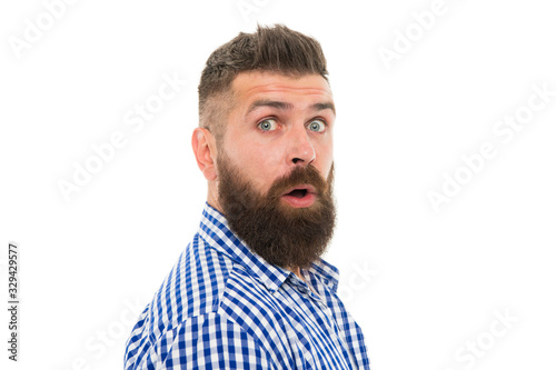are you ready for sale. barbershop master. mustache from barber. Mature hipster beard. trendsetter hipster with mustache isolated on white. mustachioed and bearded. shocked after hairdresser salon