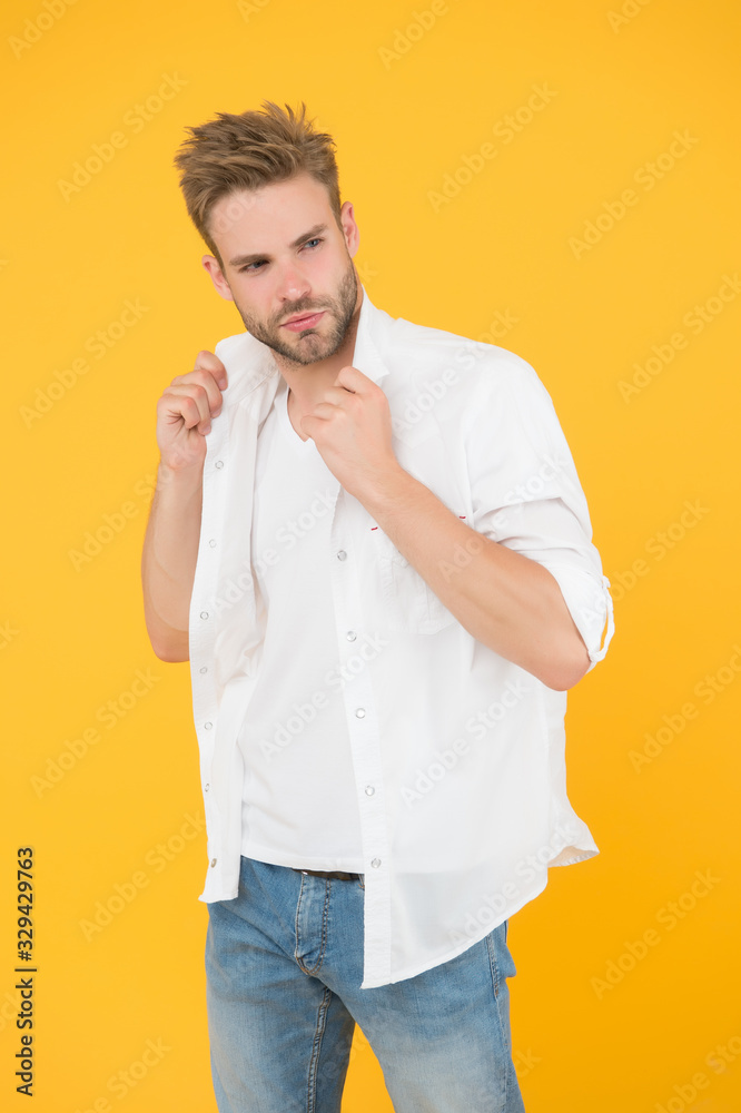 Feeling comfortable. Man handsome in casual shirt. Menswear and fashionable clothing. Wear casual outfit. Considered one of greatest references of style. Fashion concept. Man model clothes shop Feeling comfortable. Man handsome in casual shirt. Menswear and fashionable clothing. Wear casual outfit. Considered one of greatest references of style. Fashion concept. Man model clothes shop