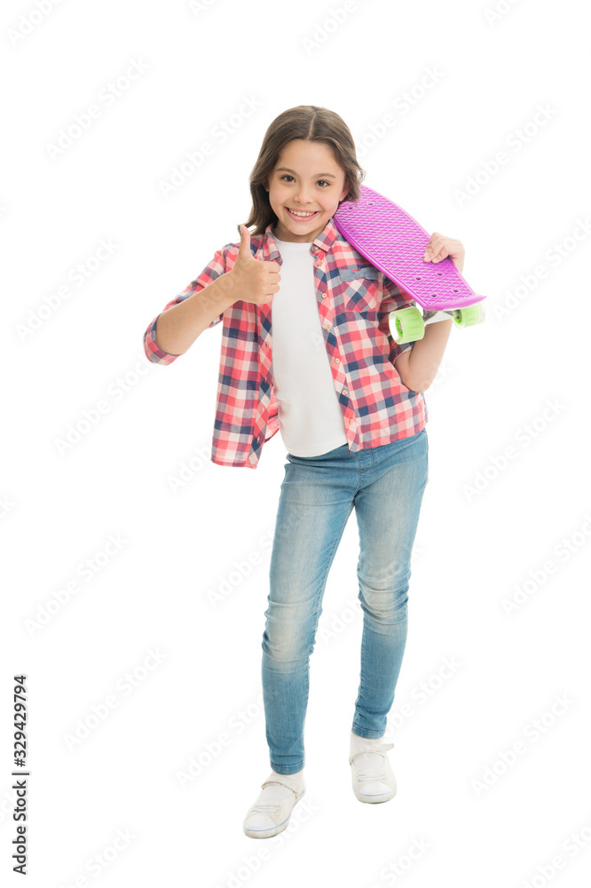 Ideal for short distance ride. Happy skater show thumbs up isolated on white. Little child hold penny board. Small skateboarder with penny skateboard. Riding penny board. Penny board for beginner Ideal for short distance ride. Happy skater show thumbs up isolated on white. Little child hold penny board. Small skateboarder with penny skateboard. Riding penny board. Penny board for beginner