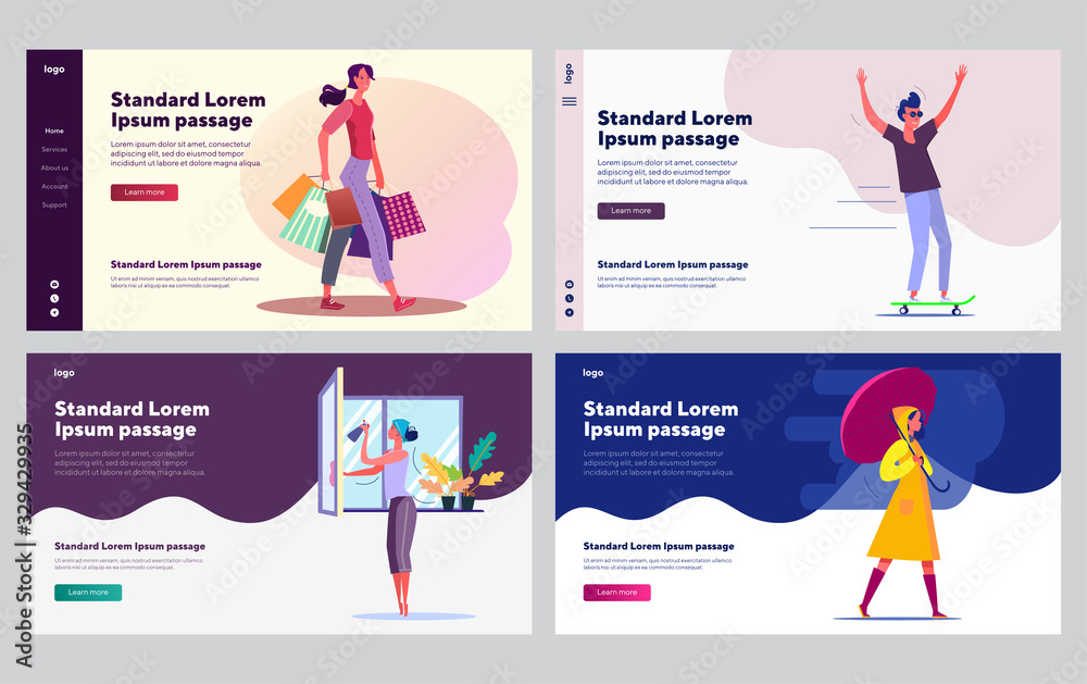 Weekend activities set. Man and women skateboarding, shopping, washing window, walking in rain. Flat vector illustrations. Leisure, lifestyle concept for banner, website design or landing web page Weekend activities set. Man and women skateboarding, shopping, washing window, walking in rain. Flat vector illustrations. Leisure, lifestyle concept for banner, website design or landing web page