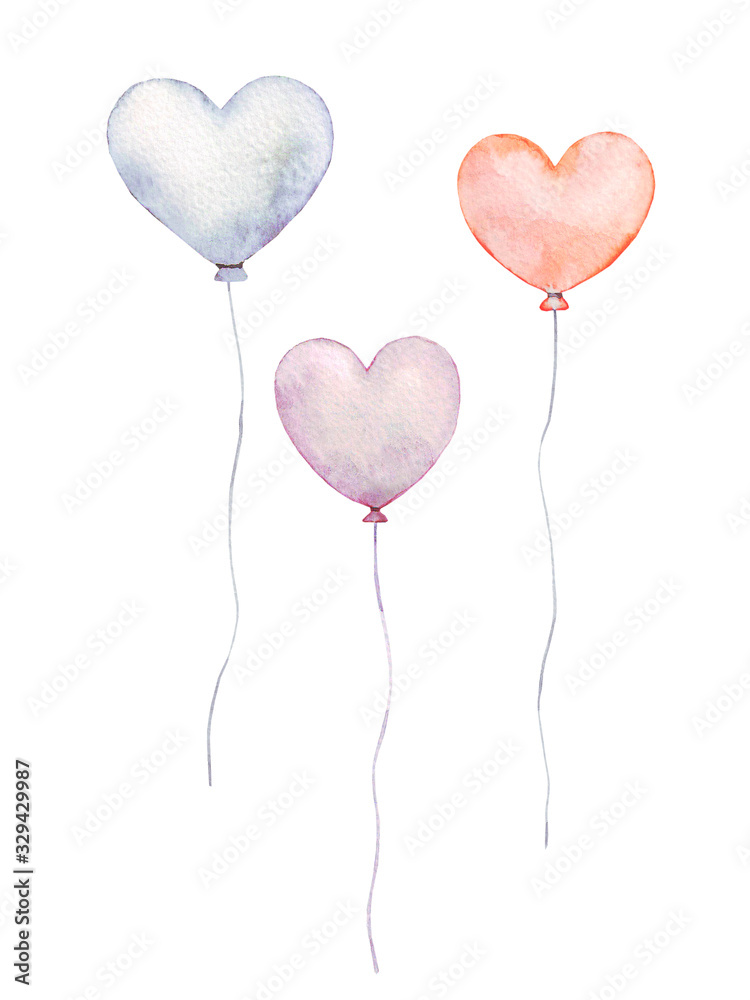 Cute watercolor hand drawn set with balloons on white background in different shapes. Blue, orange, violet heart illustration.