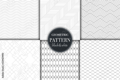 Set of 6 black and white grayscale geometric pattern background. Abstract line, dot retro style vector illustration for wallpaper, flyer, cover, banner, design template minimalistic ornament, backdrop