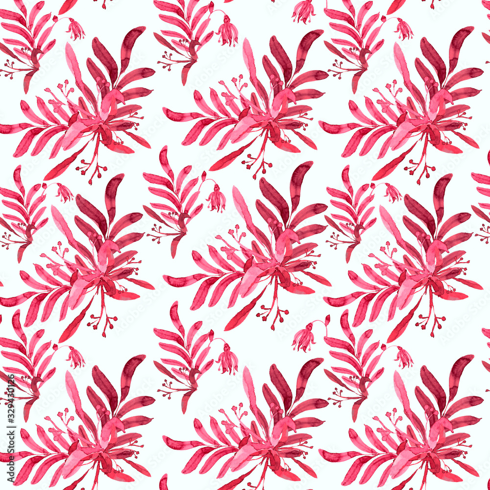 watercolor illustration of a seamless pattern of a bouquet of leaves in pink on a white background