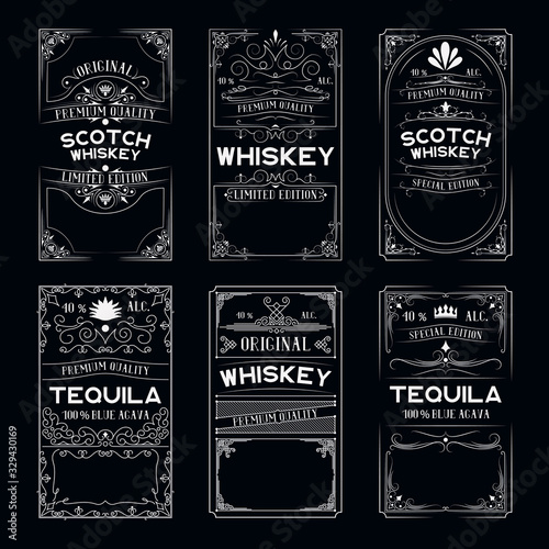 Vintage ornate labels set with lettering for irish pub. Hand drawn premium alcohol frames for scotch, whiskey, tequila bottles in drink bar. 