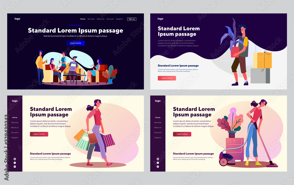 Weekend leisure time set. Man and women shopping, cleaning house, enjoying party. Flat vector illustrations. Lifestyle, activity, housework concept for banner, website design or landing web page