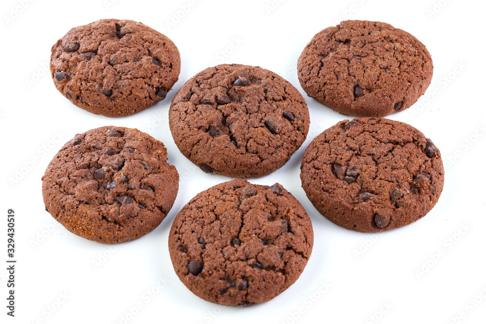 Chocolate chip cookies isolated on white background. Sweet biscuits. Homemade pastry. Chocolate chip cookies isolated on white background. Sweet biscuits. Homemade pastry.