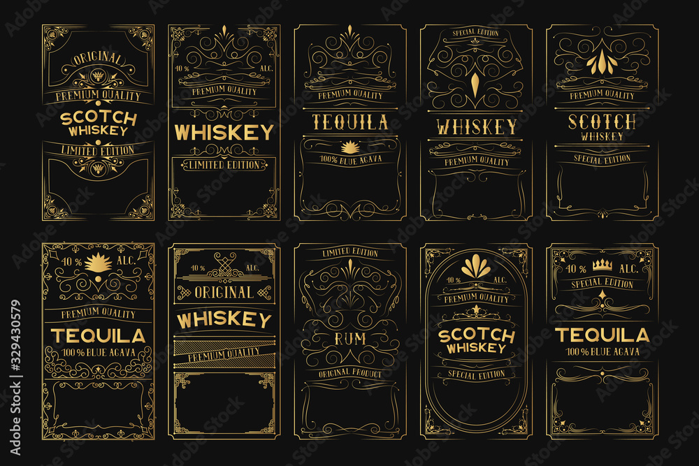 Set of golden alcohol labels. Vintage gold scotch, whiskey, tequila, rum frames for bottle with lettering.