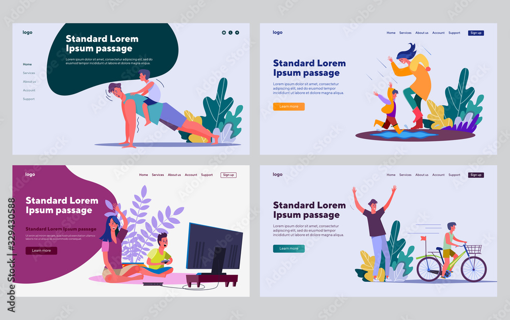 Parents and kids having fun set. Practicing sport, walking, play video game, riding bike. Flat vector illustrations. Leisure, family, activity concept for banner, website design or landing web page