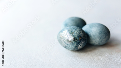 Group ombre blue Easter eggs isolated on white background. Dyed Easter eggs.Compositions in pastel colors. Easter consept. Flat lay, top view. Copy space