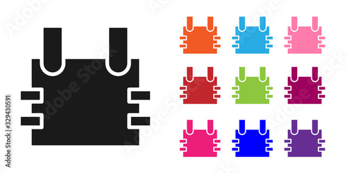 Black Bulletproof vest for protection from bullets icon isolated on white background. Body armor sign. Military clothing. Set icons colorful. Vector Illustration