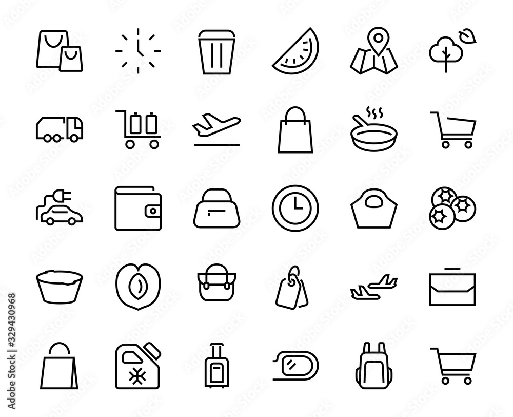 A simple set of bags, shopping and travel icons. Vector illustration Contains icons such as Card, wallet, shopping basket, discount, bowl, package. On a white background, editable stroke. 48x48 pixels A simple set of bags, shopping and travel icons. Vector illustration Contains icons such as Card, wallet, shopping basket, discount, bowl, package. On a white background, editable stroke. 48x48 pixels