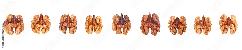 Set of various kernel walnuts isolated on a white background. Top view. Set of various kernel walnuts isolated on a white background. Top view.