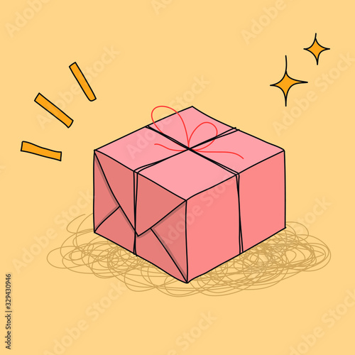 Vector of a doodle of a pretty box, package, gift, ... simple shipping, kawaii smile happy face