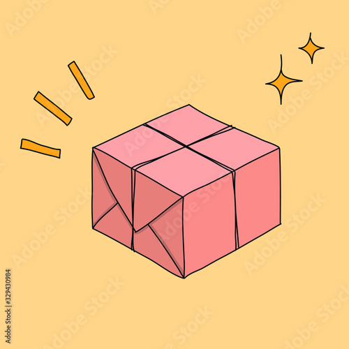 Vector of a doodle of a pretty box, package, gift, ... simple shipping, kawaii smile happy face