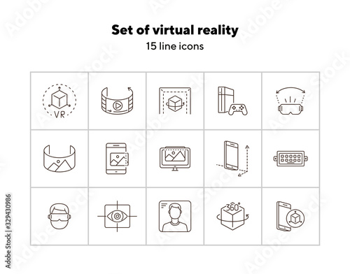 Set of virtual reality icons. Mobile and cube, eye scanner, game consol. Virtual reality concept. Vector illustration can be used for topics like VR, modern technologies, inventions