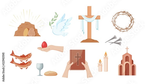 Religious Christian symbols and signs. Set  icons crown of thorns, Church, cross, fish,  bread and Cup, dove with olive branch, hands holding the Bible, hand holding an Easter egg. Isolation. Vector