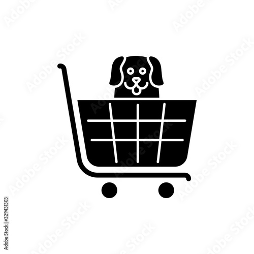 Dogs allowed supermarket, petshop black glyph icon. Doggy permitted shop, domestic animals welcome store. Happy puppy in shopping cart. Silhouette symbol on white space. Vector isolated illustration