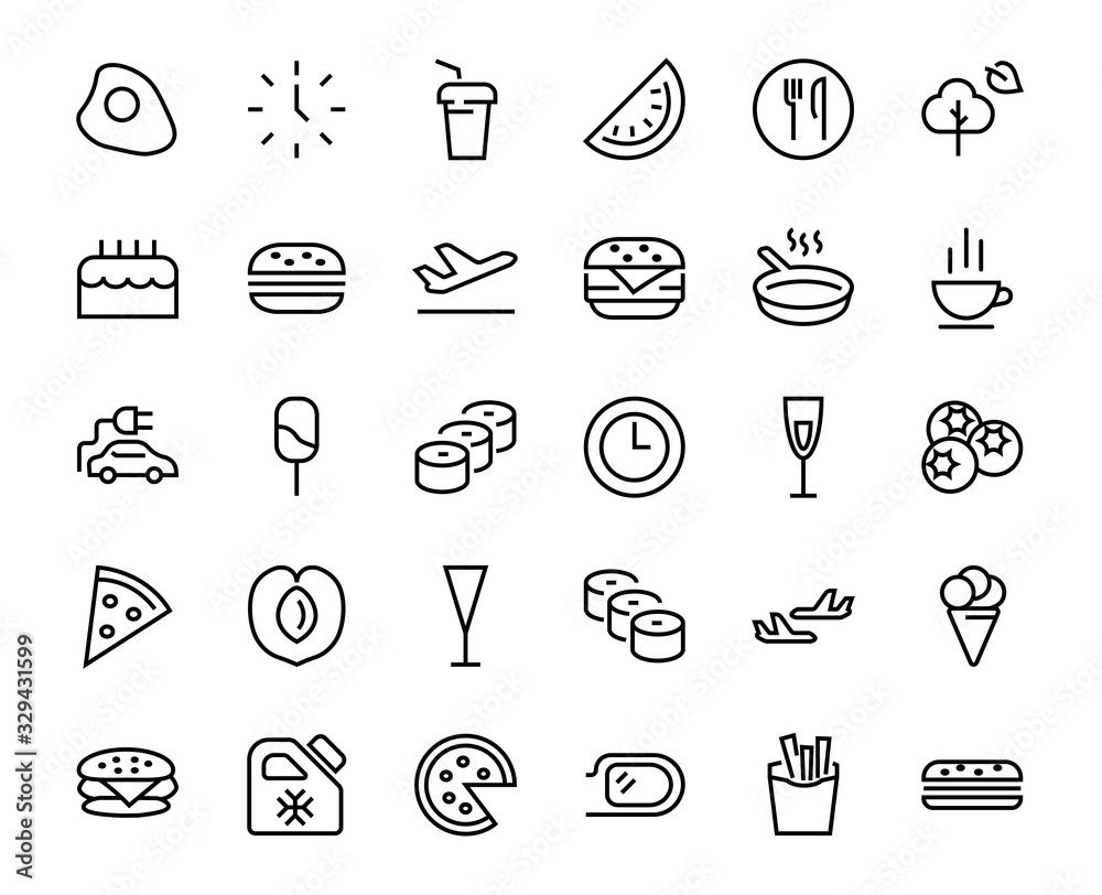 A simple set of fast food icons related to the vector line. Contains icons such as pizza, burger, sushi, bike, scrambled eggs and more. EDITABLE stroke. 480x480 pixels perfect, EPS 10 A simple set of fast food icons related to the vector line. Contains icons such as pizza, burger, sushi, bike, scrambled eggs and more. EDITABLE stroke. 480x480 pixels perfect, EPS 10