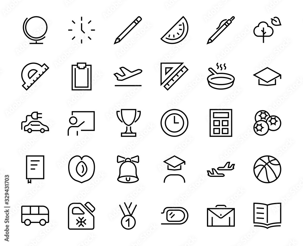 A simple set of school items. Contains icons such as student, award, geography, physical education, geometry and more. On white background. Editable stroke. 480x480 A simple set of school items. Contains icons such as student, award, geography, physical education, geometry and more. On white background. Editable stroke. 480x480