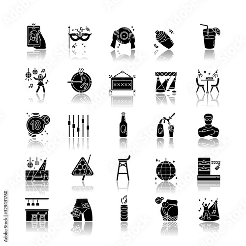 Night club drop shadow black glyph icons set. Entertainment venue, dancing and drinking establishment. Nightclub lifestyle, late night party. Isolated vector illustrations on white space
