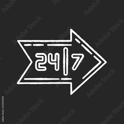 Arrow sign chalk white icon on black background. Around the clock marketing service. Open everyday. Retail and commerce industry. Store direction. Isolated vector chalkboard illustration