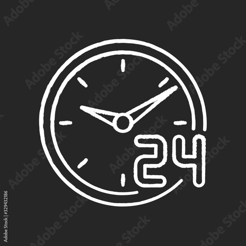 Around the clock service chalk white icon on black background. 24 7 hour customer support. Circle watch dial badge. Twenty four seven hours commerce. Isolated vector chalkboard illustration