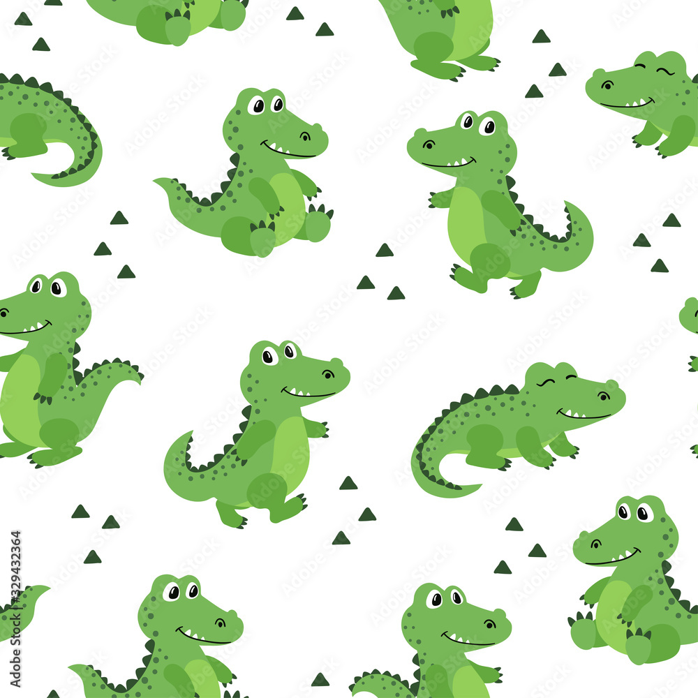 Obraz premium Cartoon crocodiles seamless pattern. Vector illustration with alligators