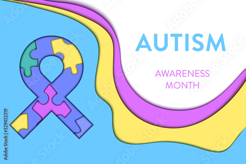 Autism awareness poster. Ribbon with puzzle pieces made in 3D paper cut and craft style on white background. Medical support concept. Vector illustration.