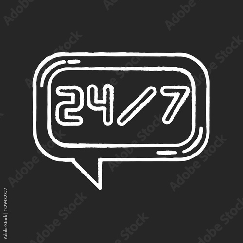 24 7 hour online chat chalk white icon on black background. Twenty four seven hours call center. Everyday helpline. Psychological support 24 7 hrs. Isolated vector chalkboard illustration