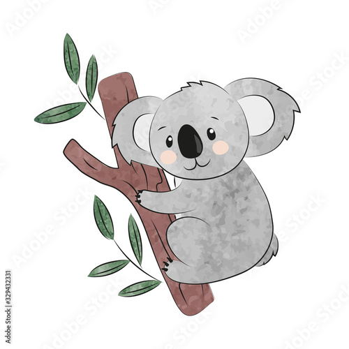 Cute cartoon koala isolated on white. Vector watercolor illustration. photo