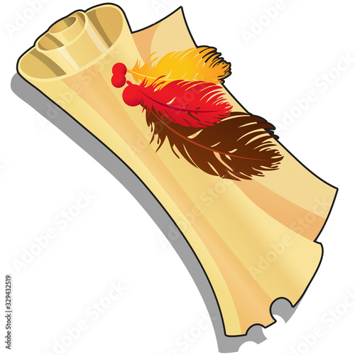 A scroll with a message with colored feathers isolated on a white background. Vector cartoon close-up illustration.