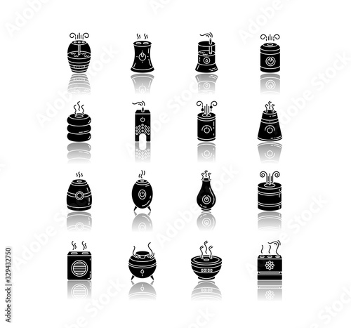 Air purifiers, humidifiers, ionizers drop shadow black glyph icons set. Climate control devices, household appliances, indoor humidity regulators. Isolated vector illustrations on white space