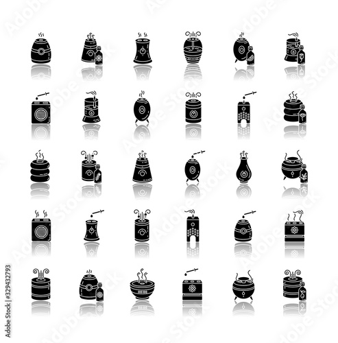 Air purifiers, diffusers drop shadow black glyph icons set. Humidity regulators, floral design air cleaner, room climate control, domestic equipment. Isolated vector illustrations on white space