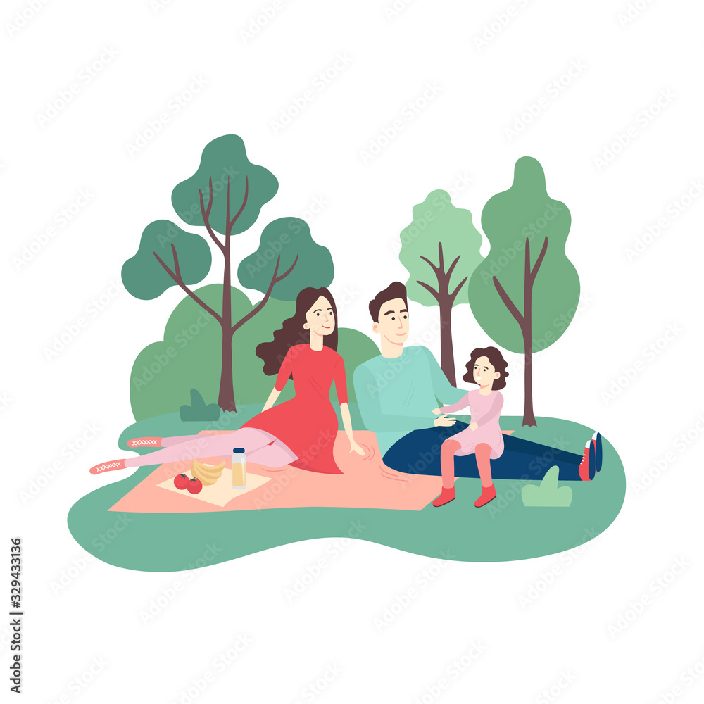 Happy family at picnic in park. Young smiling man? womfn and kid eating food on geen grass. Flat cartoon vector illustration. Happy family at picnic in park. Young smiling man? womfn and kid eating food on geen grass. Flat cartoon vector illustration.