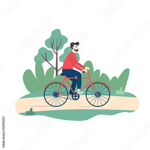 Hipster man riding bicycle in the park. Healthy Lifestyle, Eco Transportation. Flat cartoon vector illustration.