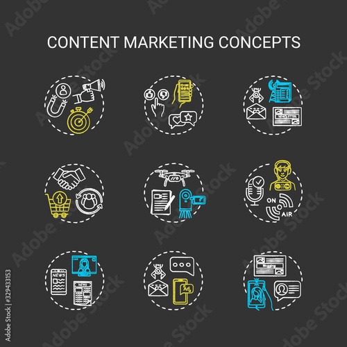 Content marketing chalk RGB color concept icons set. Internet advertising, online customer attraction strategies idea. Vector isolated chalkboard illustrations on black background