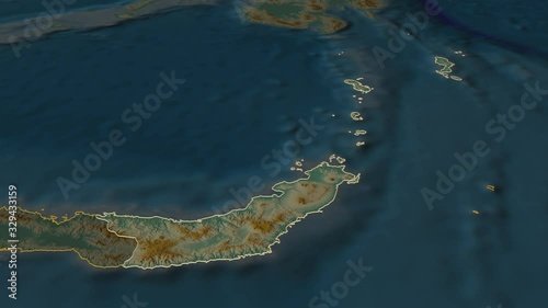 Sulawesi Utara, province with its capital, zoomed and extruded on the relief map of Indonesia in the conformal Stereographic projection. Animation 3D photo