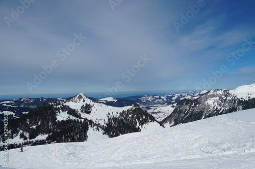 The top of the skiing slope in Hoch Ybrig Switzerland with view to the valley  showing partly Lake Sihl  canton Schwyz
