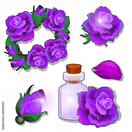 A set of items and cosmetics on the theme of roses isolated on a white background. Vector cartoon close-up illustration.
