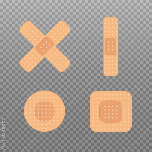Set of different shape medical bandages. First aid band plaster strip. Flat design medical patch icon. Vector illustration	