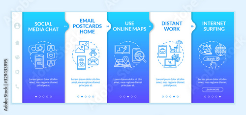 Internet communication onboarding vector template. Online chat and work, Internet surfing. Responsive mobile website with icons. Webpage walkthrough step screens. RGB color concept