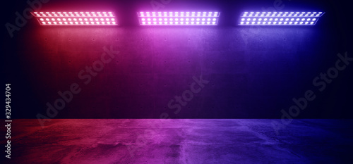 Fototapeta Naklejka Na Ścianę i Meble -  Sci Fi Modern Elegant Futuristic Cyber Neon Led Studio Big Panel Lights Blue Purple Glowing Lights On Dark Empty Grunge Concrete Room Background Stage 3D Rendering