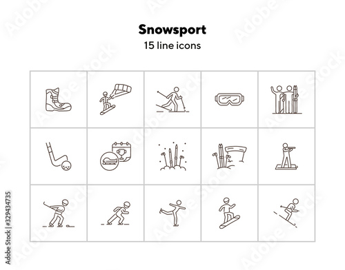 Snowsport thin line icon set. Skating, bobsleigh prize, snowboarding boots sign pack. Winter sports concept. Vector illustration symbol elements for web design and apps
