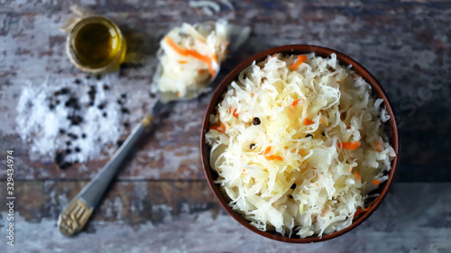 Sauerkraut in a bowl. Probiotics Fermented foods.