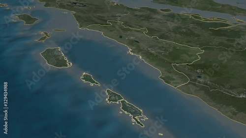 Sumatera Barat, province with its capital, zoomed and extruded on the satellite map of Indonesia in the conformal Stereographic projection. Animation 3D photo