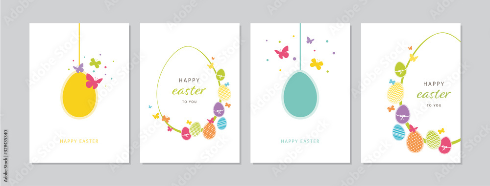 Fototapeta Easter cards set with hand drawn hangings eggs, butterflies and dots. Doodles and sketches vector vintage illustrations, DIN A6.