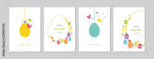Easter cards set with hand drawn hangings eggs, butterflies and dots. Doodles and sketches vector vintage illustrations, DIN A6.